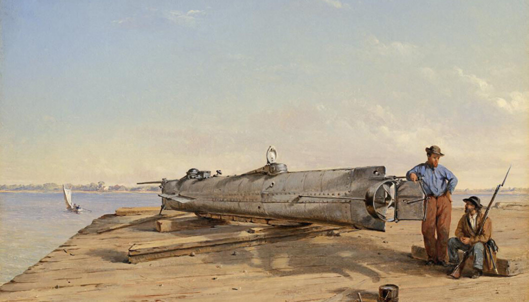 H. L. Hunley, malt i 1863. Ubåten var 12 meter lang og bare 1,2 meter bred på det tykkeste. Likevel tok den altså et mannskapet på åtte - en til å styre og resten til å operere håndsveivene som drev fartøyet framover. (Malt av Conrad Wise Chapman) H. L. Hunley, malt i 1863. Ubåten var 12 meter lang og bare 1,2 meter bred på det tykkeste. Likevel tok den altså et mannskapet på åtte - en til å styre og resten til å operere håndsveivene som drev fartøyet framover. (Malt av Conrad Wise Chapman)