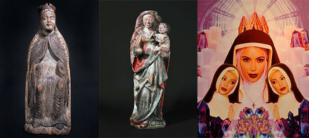 I tidlig kristen tid var jomfru Maria den opphøyede, mektige og rike Madonna, som i Nykirke i Vestfold. I Middelalderen bar omsorgspersonen Maria Jesus-barnet på armen i Lisleherad kirke i Telemark. I dag blir TV-stjernen Kim Kardashian portrettert som den sexy Maria. (Foto: Kulturhistorisk museum, UiO og Hannah Kunkle/Flickr CC BY 2.0) I tidlig kristen tid var jomfru Maria den opphøyede, mektige og rike Madonna, som i Nykirke i Vestfold. I Middelalderen bar omsorgspersonen Maria Jesus-barnet på armen i Lisleherad kirke i Telemark. I dag blir TV-stjernen Kim Kardashian portrettert som den sexy Maria. (Foto: Kulturhistorisk museum, UiO og Hannah Kunkle/Flickr CC BY 2.0)