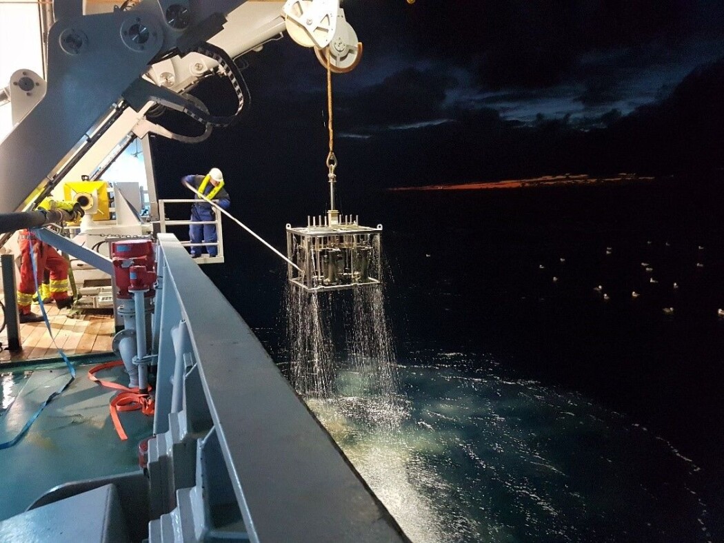 Sedimentprøver fra havbunnen på vei opp på dekk. (Foto: Marianne Kjøller, Universitetet i Oslo) Sedimentprøver fra havbunnen på vei opp på dekk. (Foto: Marianne Kjøller, Universitetet i Oslo)