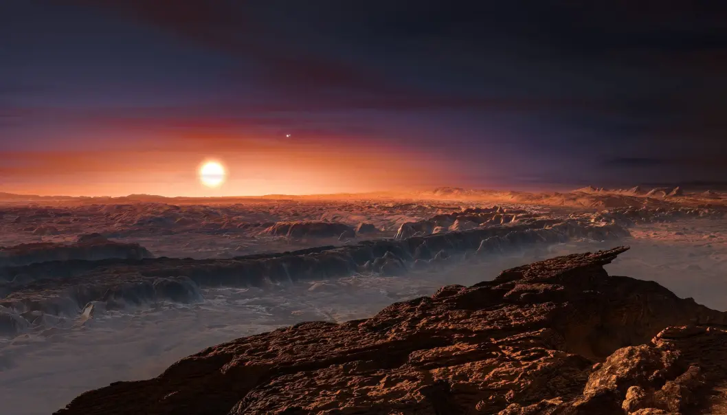 Slik kan det se ut på Proxima Centauri b, den nærmeste jordliknende planeten som har blitt funnet. (Illustrasjon: ESO/M. Kornesser) Slik kan det se ut på Proxima Centauri b, den nærmeste jordliknende planeten som har blitt funnet. (Illustrasjon: ESO/M. Kornesser)