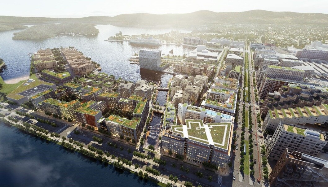 Det er mange tak i Bjørvika, men arealene er likevel for små og oppstykkete for å få særlig betydning for fuglebestanden, ifølge professor Svein Dale. (Illustrasjon: Oslo S Utvikling AS (OSU)) Det er mange tak i Bjørvika, men arealene er likevel for små og oppstykkete for å få særlig betydning for fuglebestanden, ifølge professor Svein Dale. (Illustrasjon: Oslo S Utvikling AS (OSU))