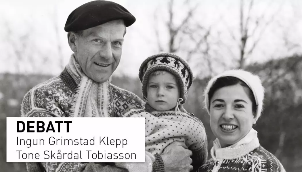 Faren til Tone Skårdal Tobiasson (til venstre) er bare en av mange som har eid en rundstrikkemaskin. Ifølge kronikkforfatteren hadde han så store føtter at han ikke fikk kjøpt store nok sokker, derfor måtte de strikkes. (Foto: privat)