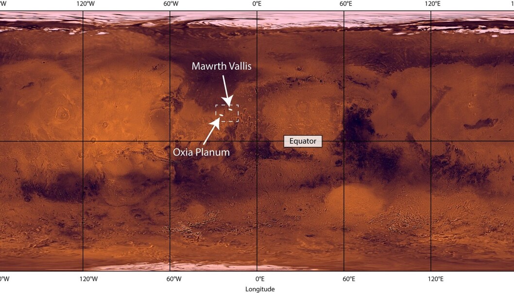 Oxia Planum ligger nord for ekvator på Mars. (Foto: NASA/JPL/USGS) Oxia Planum ligger nord for ekvator på Mars. (Foto: NASA/JPL/USGS)