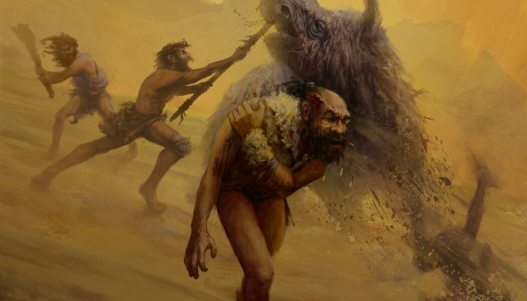 En illustrasjon som viser hvordan neandertalere kan ha jaktet i nærkamp med for eksempel spyd. (Bilde: Gleiver Prieto & Katerina Harvati) En illustrasjon som viser hvordan neandertalere kan ha jaktet i nærkamp med for eksempel spyd. (Bilde: Gleiver Prieto & Katerina Harvati)