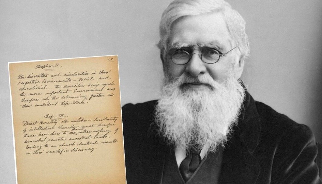 Alfred Russel Wallace rundt 1895. Innfelt et av manuskriptene som ble lagt ut for auksjon. (Foto: London Stereoscopic & Photographic Company) Alfred Russel Wallace rundt 1895. Innfelt et av manuskriptene som ble lagt ut for auksjon. (Foto: London Stereoscopic & Photographic Company)
