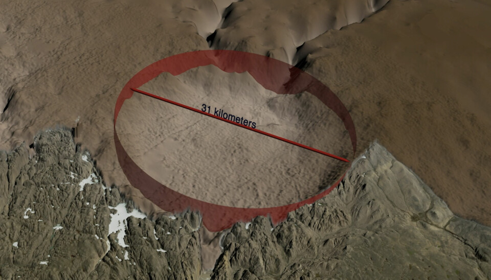 En modell av krateret under Grønlandsisen. (Bilde: Natural History Museum of Denmark, Cryospheric Sciences Lab, NASA Goddard Space Flight Center, Greenbelt, MD, USA)