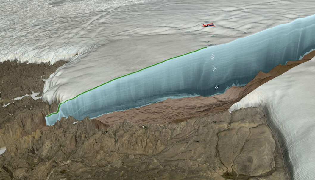 Grafikk av radarmålingene som ble gjort ved hjelp av en flyradar på et forskningsflyet Polar 6 fra Alfred Wegener-instituttet.(Bilde: Natural History Museum of Denmark, Cryospheric Sciences Lab, NASA Goddard Space Flight Center, Greenbelt, MD, USA)