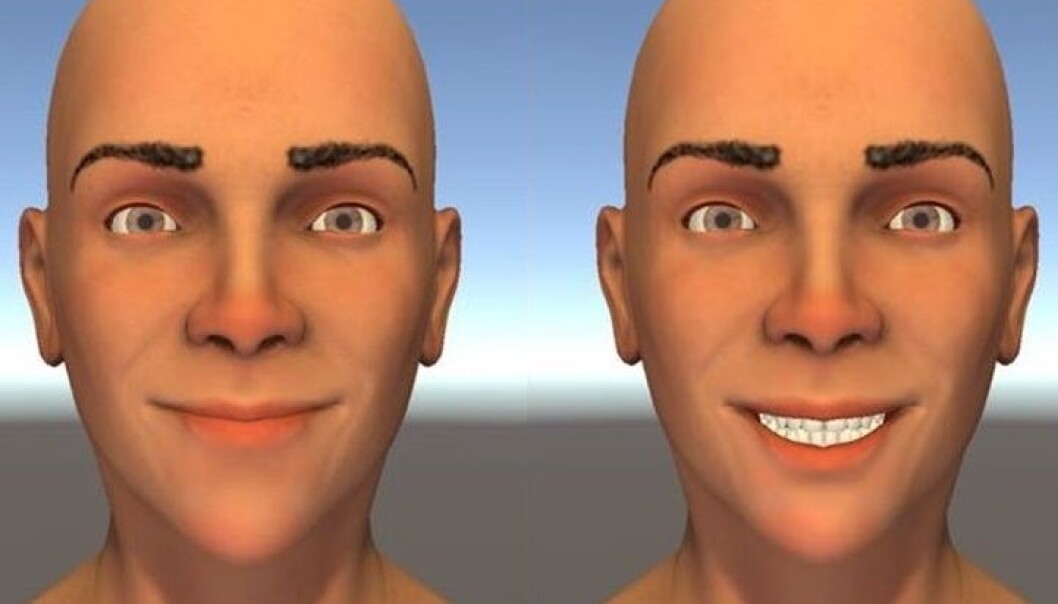 Smilet til venstre er bedre enn det til høyre, synes forsøkspersonene. Folk som prøver å uttrykke glede med smilet til høyre, kan fort bli misforstått. (Foto: Helwig mfl. 2017) Smilet til venstre er bedre enn det til høyre, synes forsøkspersonene. Folk som prøver å uttrykke glede med smilet til høyre, kan fort bli misforstått. (Foto: Helwig mfl. 2017)