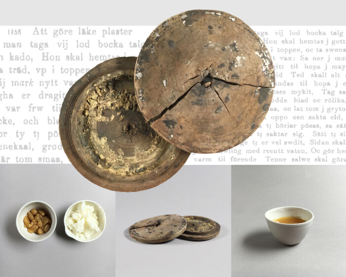 Esken med salve og den rekonstruerte mirakelkuren. (Foto Sara Langvik Berge, NIKU) Esken med salve og den rekonstruerte mirakelkuren. (Foto Sara Langvik Berge, NIKU)