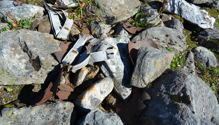Metall linninger er det eneste som er igjen etter de gamle tyskerhjelmene som ble etterlatt. Uønsket skrap mener de fleste at det er, men for Figenschau forteller de historier fra en annen tid. (Foto: Ingar Figenschau) Metall linninger er det eneste som er igjen etter de gamle tyskerhjelmene som ble etterlatt. Uønsket skrap mener de fleste at det er, men for Figenschau forteller de historier fra en annen tid. (Foto: Ingar Figenschau)