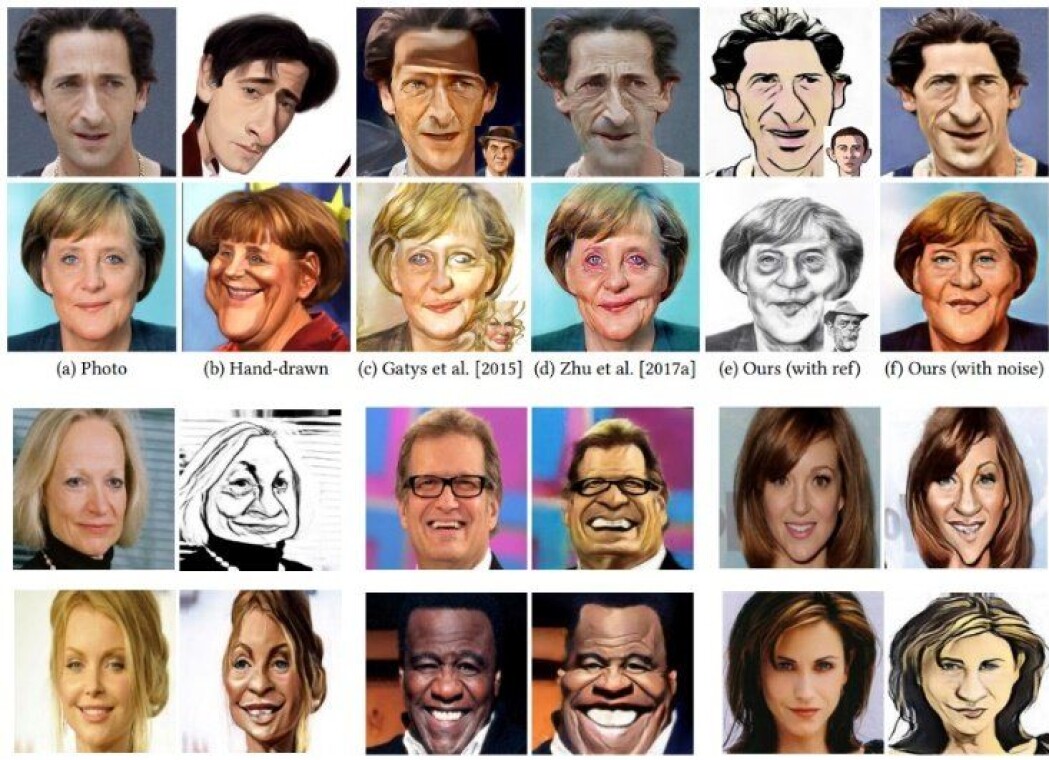 Her kan du se noen av karikaturtegningene som dataprogrammet til forskeren Kaidi Cao har laget. (Illustrasjon: Kaidi Cao) Her kan du se noen av karikaturtegningene som dataprogrammet til forskeren Kaidi Cao har laget. (Illustrasjon: Kaidi Cao)