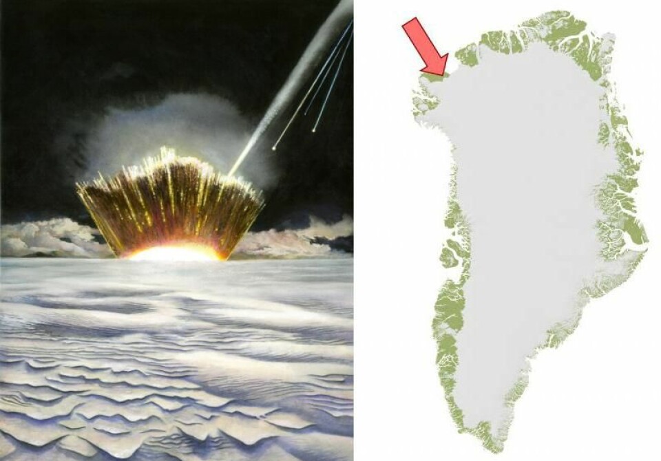 Krateret fra det enorme meteorittnedslaget er funnet i det nordlige Grønland under den ytterste delen av isen. (Illustrasjoner: Carl Toft og Statens Naturhistoriske Museum i Danmark)