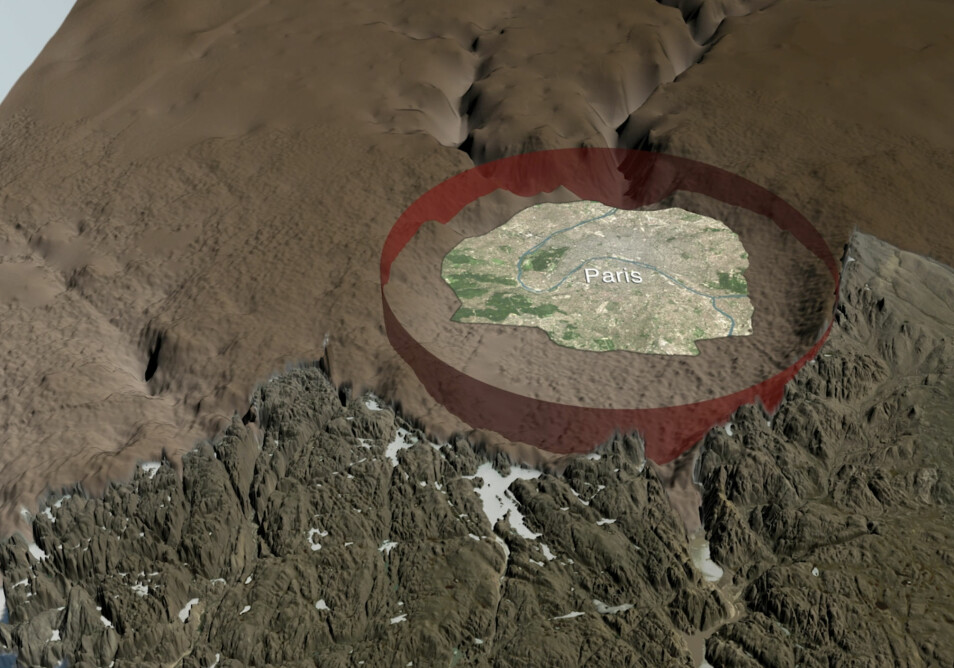Krateret er 31 kilometer bredt, noe som svarer til et område større enn byer som København, Paris og London. (Illustrasjon: Statens Naturhistoriske Museum)