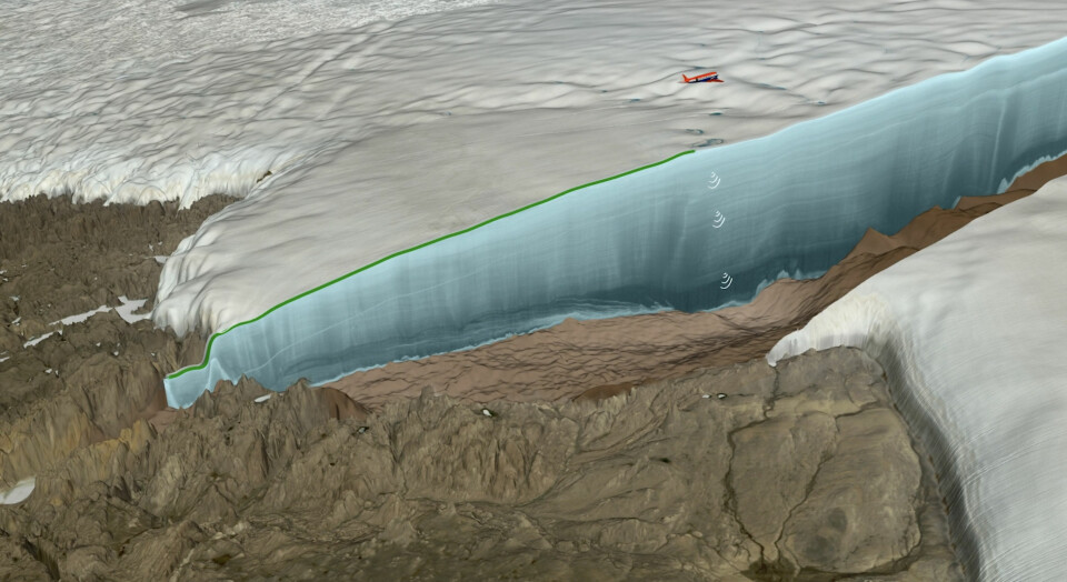 Isradar-målingene avslørte kraterets oppbygning under isen samt selve islagene. De kunne blant annet vise at isen som er eldre enn 11 700 år gammel, er voldsomt forstyrret. (Illustrasjon: Statens Naturhistoriske Museum og NASA Goddard Space Flight Center)