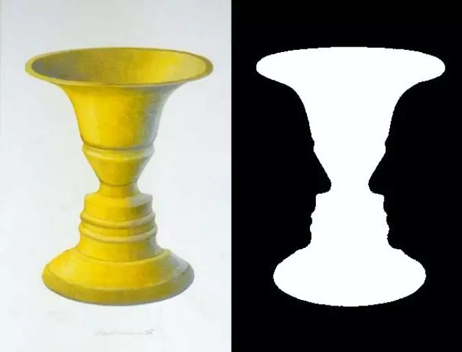 En klassiker. Rubins vase er en verdens mest kjente optiske illusjoner. Den er funnet opp av den danske psykologen Edgar Rubin (1886–1951). En studie har vist at barn i 3-4-årsalderen har problemer med å se begge figurene på bildet når de først har sett den ene. Det forteller oss noe om hvordan barns hjerner utvikles. (Illustrasjon: John Smithson 2007/Wikimedia commons)