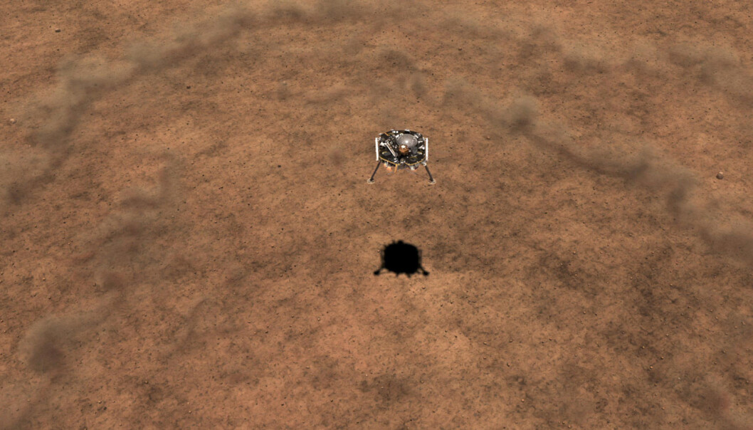 Blåser opp støv i øde ørkenlandskap. Slik ser NASA for seg at det vil se ut når InSight lander på Mars. (Illustrasjon: NASA/JPL-Caltech) Blåser opp støv i øde ørkenlandskap. Slik ser NASA for seg at det vil se ut når InSight lander på Mars. (Illustrasjon: NASA/JPL-Caltech)