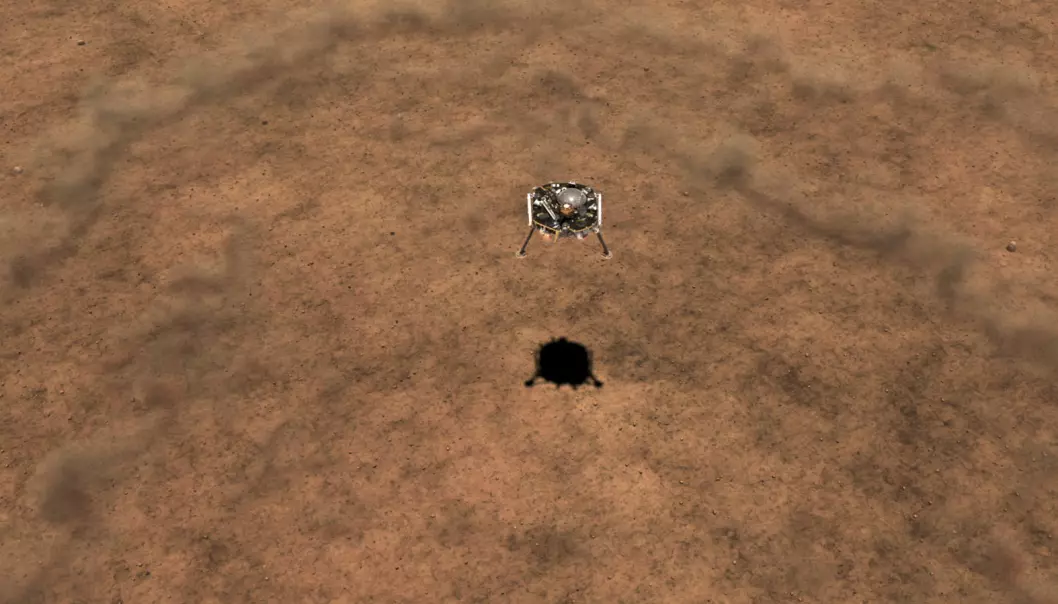 Blåser opp støv i øde ørkenlandskap. Slik ser NASA for seg at det vil se ut når InSight lander på Mars. (Illustrasjon: NASA/JPL-Caltech)