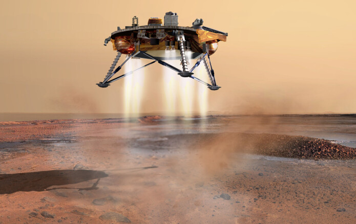 Phoenix under landing. (Illustrasjon: NASA/JPL-Calech/University of Arizona) Phoenix under landing. (Illustrasjon: NASA/JPL-Calech/University of Arizona)