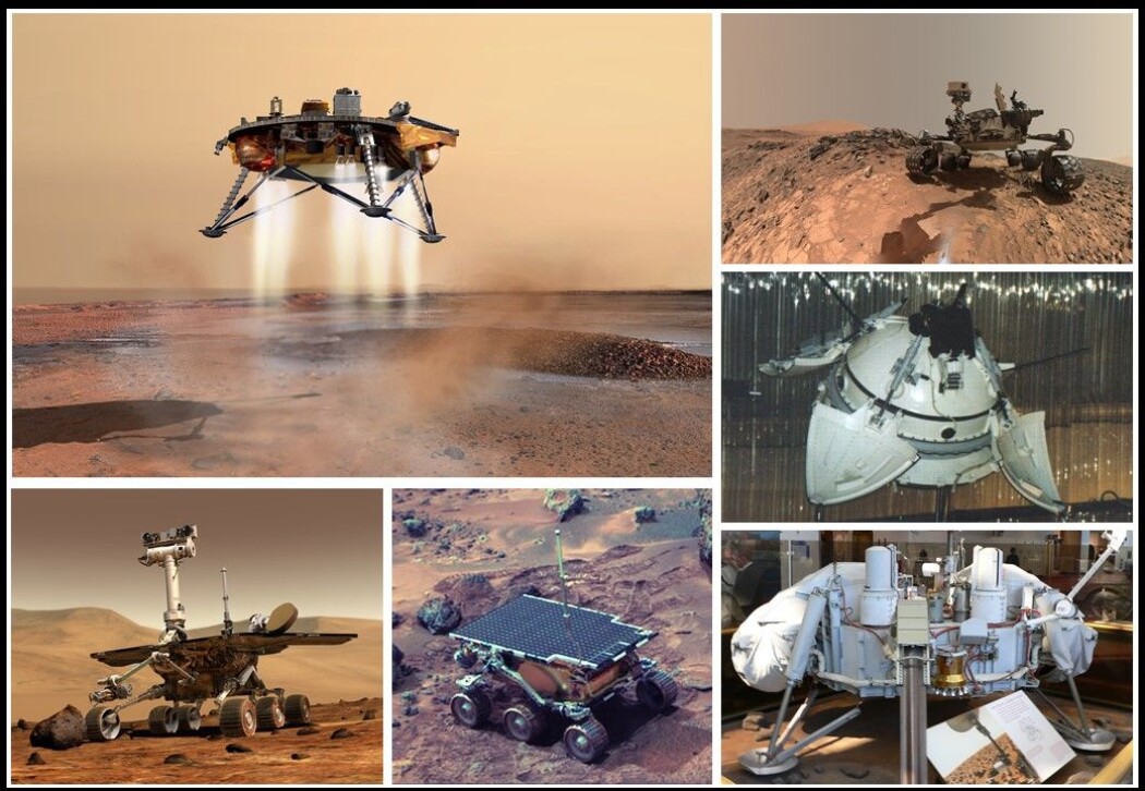 Det er ikke lett å lande på Mars, men vi har da klart det noen ganger. (Foto: NASA/JPL og Mark Pelligrino. Montasje: forskning.no) Det er ikke lett å lande på Mars, men vi har da klart det noen ganger. (Foto: NASA/JPL og Mark Pelligrino. Montasje: forskning.no)