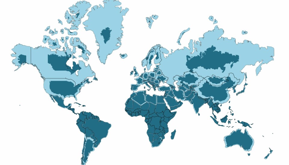 Den lyse fargen viser hvor store land er på vanlige verdenskart. Den mørke fargen viser hvor store land virkelig er, sammenlignet med hverandre. (Kart: neilrkaye/reddit)