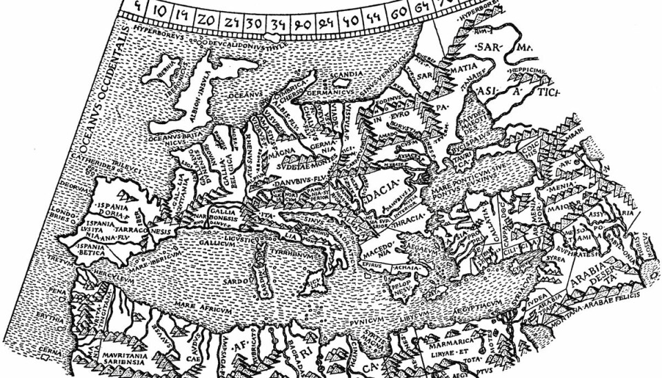 Dette er en del av et verdenskart fra omtrent år 150 etter vår tidsregning. Det ble laget av egypteren Klaudios Ptolemaios. (Bilde til fri bruk)