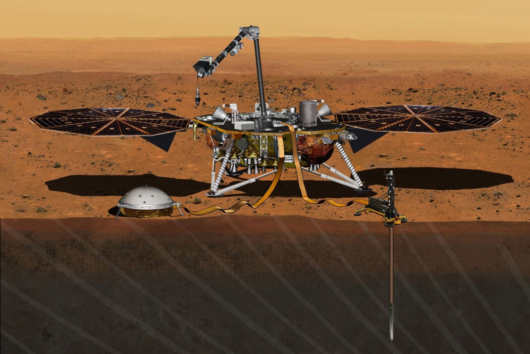 En kunstnerisk fremstilling av romsonden Insight. På bakken til venstre et seismometer som skal måle rystelser. I bakken til høyre en temperaturmåler som måler varmebølger. (Illustrasjon: NASA/JPL-Caltech) En kunstnerisk fremstilling av romsonden Insight. På bakken til venstre et seismometer som skal måle rystelser. I bakken til høyre en temperaturmåler som måler varmebølger. (Illustrasjon: NASA/JPL-Caltech)