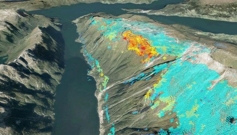 Osmundneset er et eksempel på et ustabilt fjellparti som ble oppdaget ved hjelp av InSAR-prosjektet. Fargene viser hvor fort ulike deler av fjellpartiet synker. Blått betyr ingen bevegelse, mens rødt er størst bevegelse. (Skjermbilde fra karttjenesten InSAR Norge)