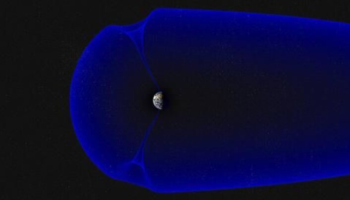 Jordas magnetfelt omslutter planeten vår som en boble. To steder har det «hull», hvor partikler fra sola kan strømme ned. Dette traktformede området kalles «cusp». (Illustrasjon: Andøya Space Center/Trond Abrahamsen) Jordas magnetfelt omslutter planeten vår som en boble. To steder har det «hull», hvor partikler fra sola kan strømme ned. Dette traktformede området kalles «cusp». (Illustrasjon: Andøya Space Center/Trond Abrahamsen)