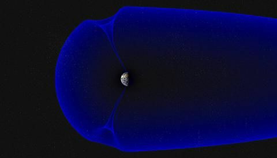 Jordas magnetfelt omslutter planeten vår som en boble. To steder har det «hull», hvor partikler fra sola kan strømme ned. Dette traktformede området kalles «cusp». (Illustrasjon: Andøya Space Center/Trond Abrahamsen)