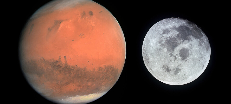 Mars eller månen. Hva blir det neste steget? De er ikke i riktig størrelse i forhold til hverandre. (Foto: NASA/Kollasje)