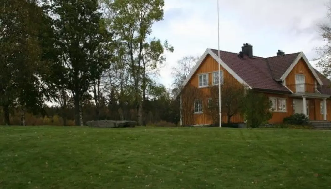 Her ligger den flate runesteinen foran huset. Den har fungert som benk en stund. (Foto: Kulturhistorisk museum, Universitetet i Oslo)