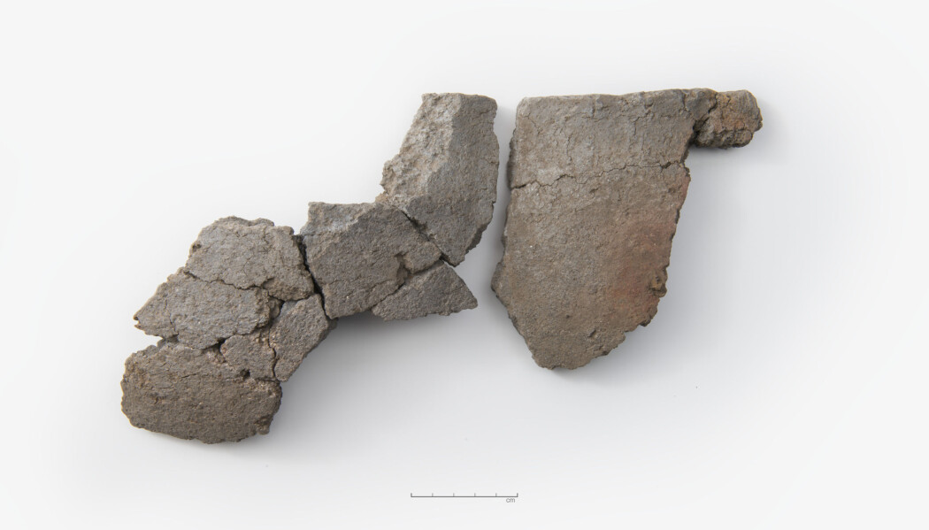 Deler av et kleberkar ble funnet i inngangspartiet til det arkeologene mener er et hus fra vikingtiden. (Foto: Terje Tveit, Arkeologisk museum, UiS) Deler av et kleberkar ble funnet i inngangspartiet til det arkeologene mener er et hus fra vikingtiden. (Foto: Terje Tveit, Arkeologisk museum, UiS)