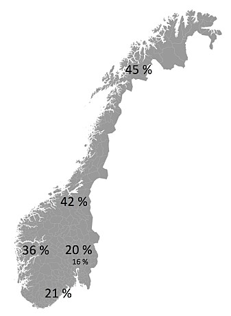 Geografisk distribusjon av respondentar som svarte at dei skreiv mykje på dialekt i private samanhengar i ei undersøking i regi av Språkrådet i 2016 Geografisk distribusjon av respondentar som svarte at dei skreiv mykje på dialekt i private samanhengar i ei undersøking i regi av Språkrådet i 2016