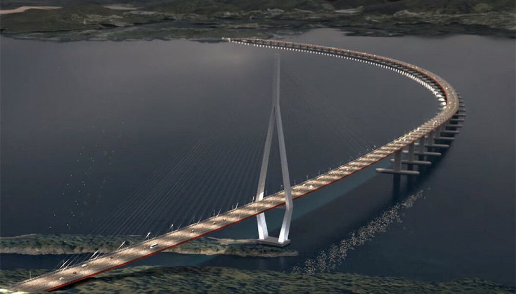 Her ser vi illustrasjon av den endeforankrede flytebruen over Bjørnafjorden. Bruspennet ut til første pongtong er på over 400 meter, om lag like langt som hovedspennet på Lysefjordbrua. (Foto: SVV / ViaNova / Baezeni) Her ser vi illustrasjon av den endeforankrede flytebruen over Bjørnafjorden. Bruspennet ut til første pongtong er på over 400 meter, om lag like langt som hovedspennet på Lysefjordbrua. (Foto: SVV / ViaNova / Baezeni)