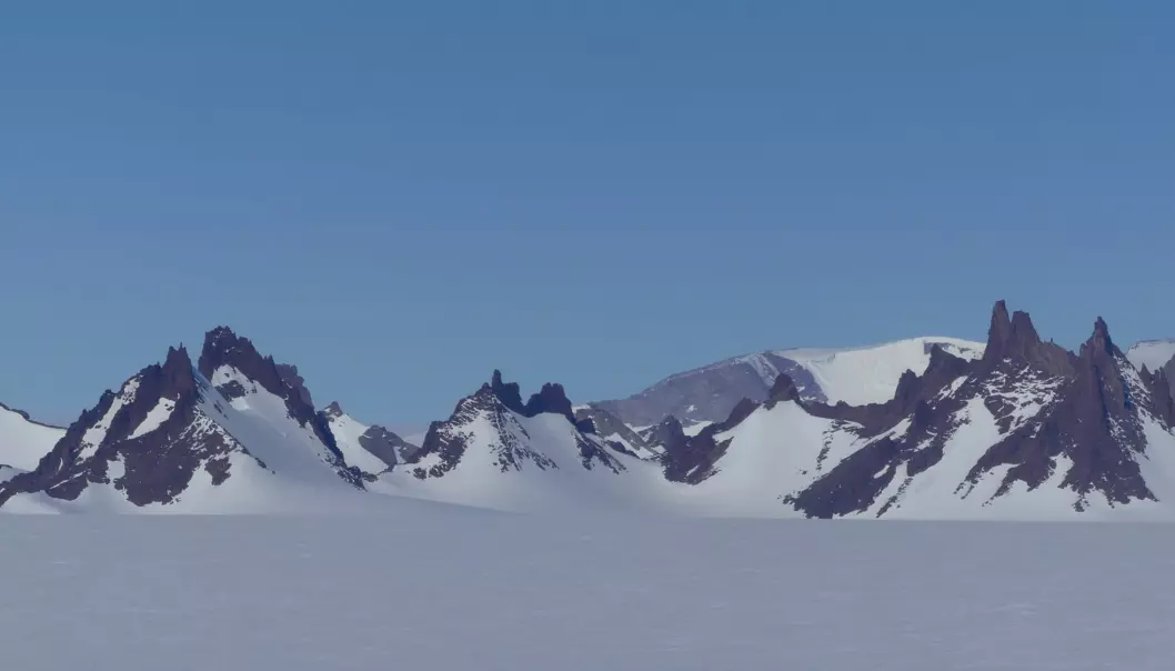 De kalde nunatakene i fjellrekken Skigarden består av bergarten charnokitt dannet ved størkning av varme bergartsmelter (Foto: Ane K. Engvik)