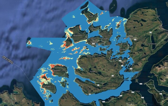 Slik ser modellresultatet ut på kartet. Biomassemodellen for stortare er utviklet gjennom et samarbeid mellom forskningsinstitusjoner (Havforskningsinstituttet, NGU og Kartverket) og industrien (Dupont). Modellen som beskriver bølger og strøm er utviklet av Havforskningsinstituttet og Meteorologisk institutt. Slik ser modellresultatet ut på kartet. Biomassemodellen for stortare er utviklet gjennom et samarbeid mellom forskningsinstitusjoner (Havforskningsinstituttet, NGU og Kartverket) og industrien (Dupont). Modellen som beskriver bølger og strøm er utviklet av Havforskningsinstituttet og Meteorologisk institutt.
