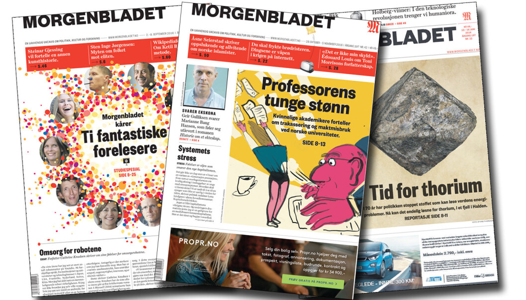Hanne Østli Jakobsen får prisen for å skrive om alt fra sexpress og maktmisbruk i akademia til thorium og fantastiske forelesere. (Forsider fra Morgenbladet) Hanne Østli Jakobsen får prisen for å skrive om alt fra sexpress og maktmisbruk i akademia til thorium og fantastiske forelesere. (Forsider fra Morgenbladet)