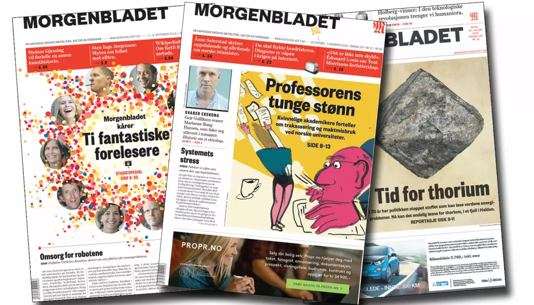 Hanne Østli Jakobsen får prisen for å skrive om alt fra sexpress og maktmisbruk i akademia til thorium og fantastiske forelesere. (Forsider fra Morgenbladet)