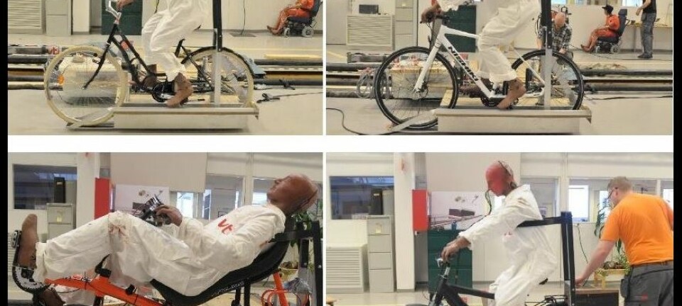 Her er de fire syklene forskerne testet. Og de stakkars testdukkene som ble tvunget til å krasje. (Foto: Jan Wenäll, VTI)