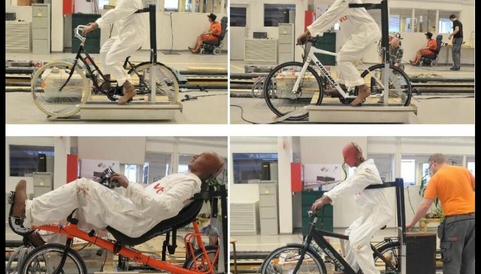 Her er de fire syklene forskerne testet. Og de stakkars testdukkene som ble tvunget til å krasje. (Foto: Jan Wenäll, VTI)