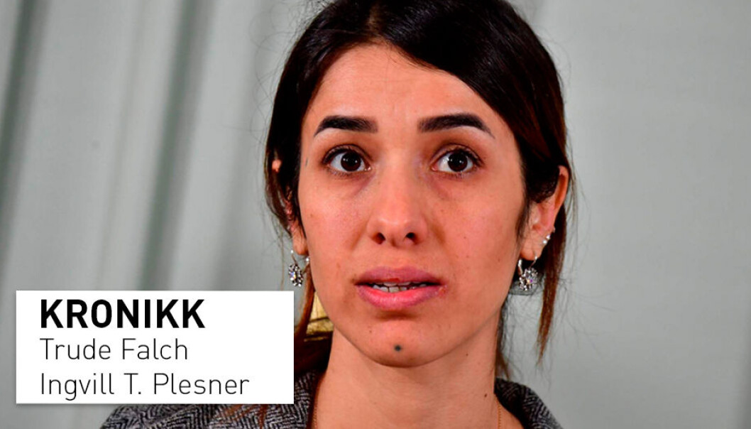 Jezidi-kvinnen Nadia Murad ble tildelt Nobels fredspris i 2018 for sin kamp mot seksualisert vold mot kvinner. (Foto: Tobias Schwarz / AFP / NTB Scanpix) Jezidi-kvinnen Nadia Murad ble tildelt Nobels fredspris i 2018 for sin kamp mot seksualisert vold mot kvinner. (Foto: Tobias Schwarz / AFP / NTB Scanpix)