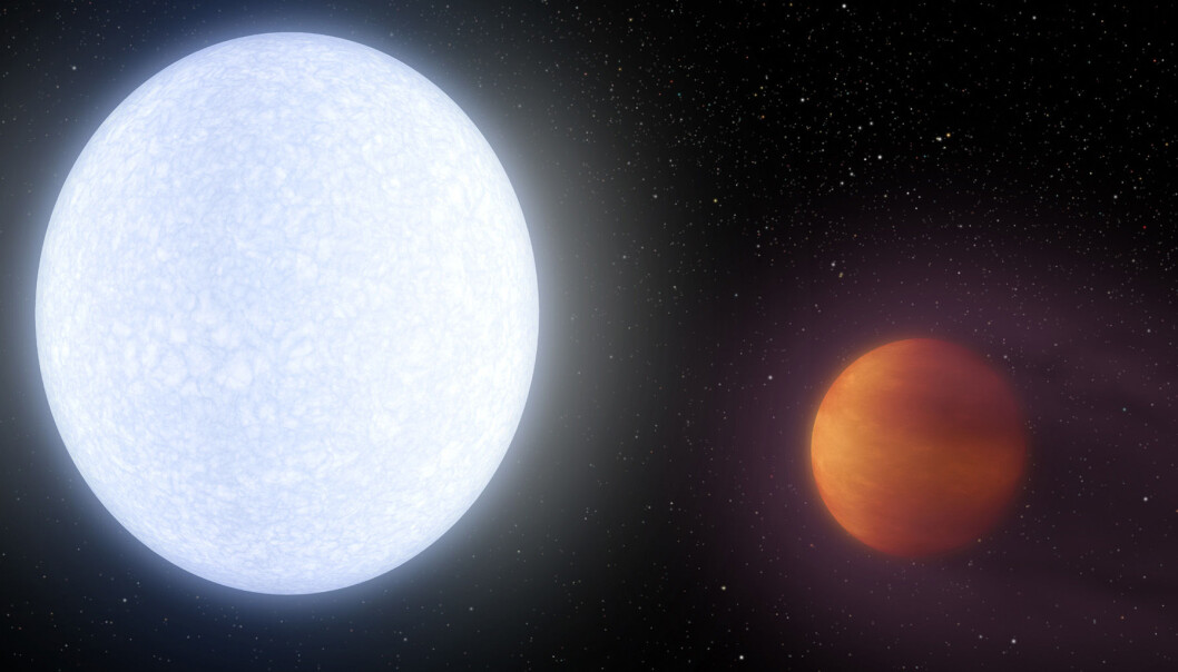 Forskere har oppdaget en ekstremt varm planet, som har fått navnet KELT-9b. Den er så tett på stjernen at et år på planeten bare tar 1,5 jorddøgn. (Illustrasjon: NASA/JPL-Caltech/R. Hurt/IPAC) Forskere har oppdaget en ekstremt varm planet, som har fått navnet KELT-9b. Den er så tett på stjernen at et år på planeten bare tar 1,5 jorddøgn. (Illustrasjon: NASA/JPL-Caltech/R. Hurt/IPAC)