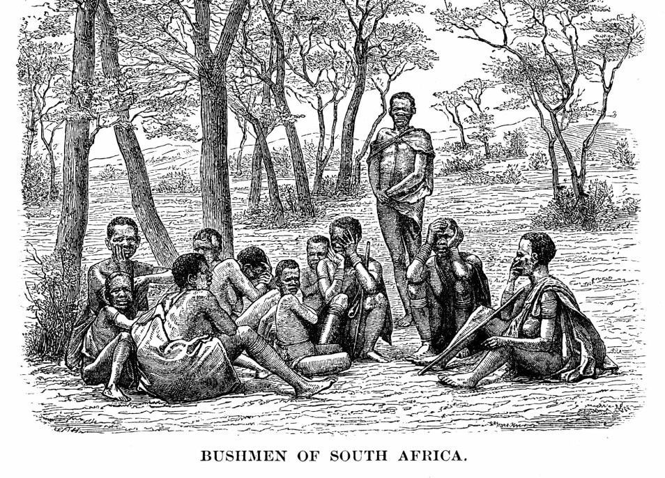 Kva betydde klesdrakta for San-folk som levde som jegerar og sankarar i Sør-Afrika? (Illustrasjon: Gravering fra cirka 1880 / Getty Images RF)