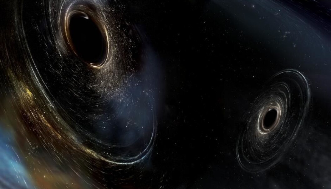 Det er slik LIGO-forskerne forestiller seg at de sorte hullene så ut før sammenstøtet. (Grafikk: (Aurore Simonnet) LIGO/Caltech/MIT/Sonoma State) Det er slik LIGO-forskerne forestiller seg at de sorte hullene så ut før sammenstøtet. (Grafikk: (Aurore Simonnet) LIGO/Caltech/MIT/Sonoma State)