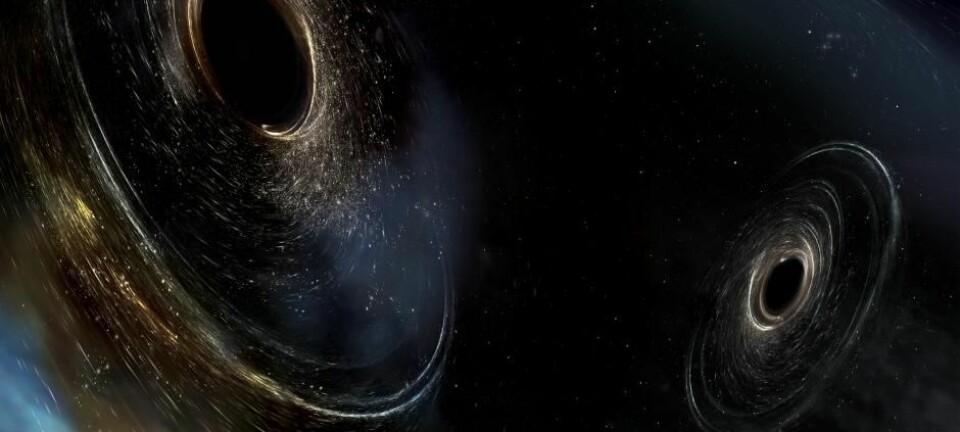 Det er slik LIGO-forskerne forestiller seg at de sorte hullene så ut før sammenstøtet. (Grafikk: (Aurore Simonnet) LIGO/Caltech/MIT/Sonoma State)