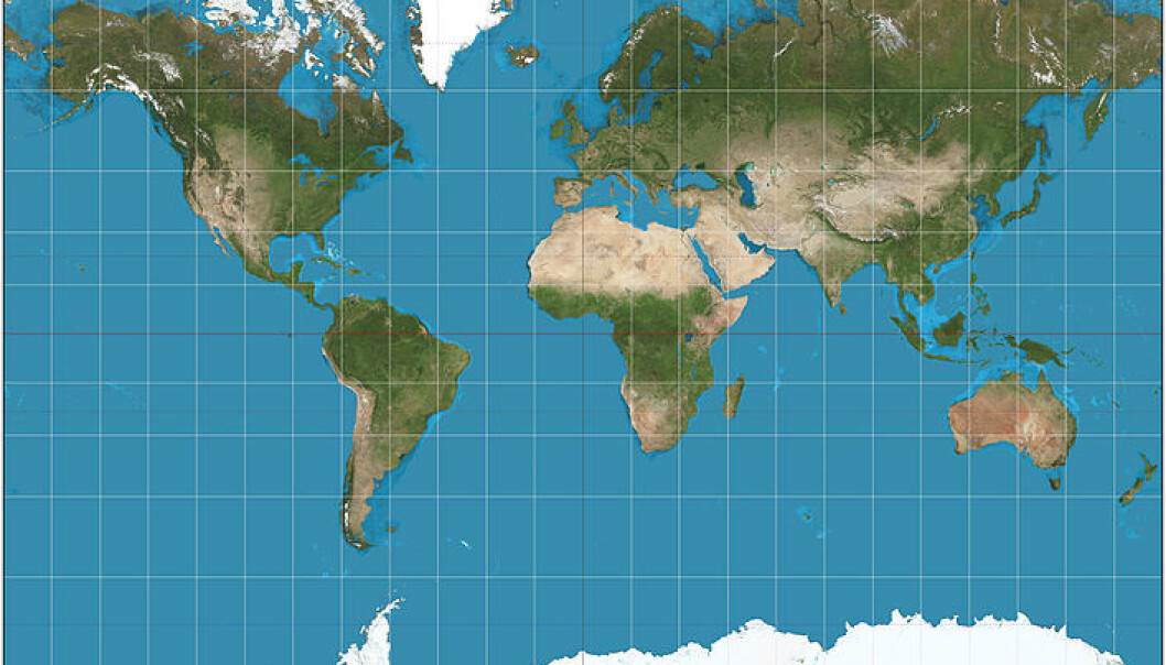 Mercator-projeksjonen – og verden som vi kjenner den. Legg merke til at Grønland er like stort som Afrika, og at Sør-Amerika og Europa har nærmest samme størrelse. (Foto: Wikipedia/CC BY-SA 3.0) Mercator-projeksjonen – og verden som vi kjenner den. Legg merke til at Grønland er like stort som Afrika, og at Sør-Amerika og Europa har nærmest samme størrelse. (Foto: Wikipedia/CC BY-SA 3.0)