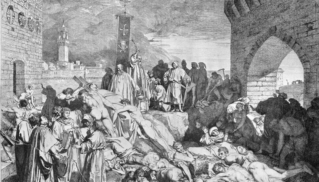 Skissa beskriv pesten som herja i Firenze i 1348. Korleis kunne sjukdommen spreie seg så kraftig? Og kvifor blir ikkje like mange av oss smitta i dag? (Skisse: L. Sabatelli/Wellcome images CC BY 4.0)