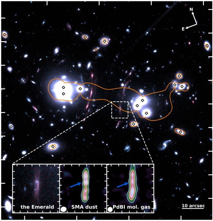 Her er området omkring Smaragden sett igjennom Hubble-romteleskopet. Inne i firkanten i midten av bildet kan du se lyset fra galaksen Smaragden. De små svarte firkantene inni lyssirklene på bildet er de galaksene som ligger mellom jorden og Smaragden. Den oransje sirkelen er punktet der forstørrelsesglasseffekten er sterkest. (Foto: Raoul Cañameras et al.) Her er området omkring Smaragden sett igjennom Hubble-romteleskopet. Inne i firkanten i midten av bildet kan du se lyset fra galaksen Smaragden. De små svarte firkantene inni lyssirklene på bildet er de galaksene som ligger mellom jorden og Smaragden. Den oransje sirkelen er punktet der forstørrelsesglasseffekten er sterkest. (Foto: Raoul Cañameras et al.)