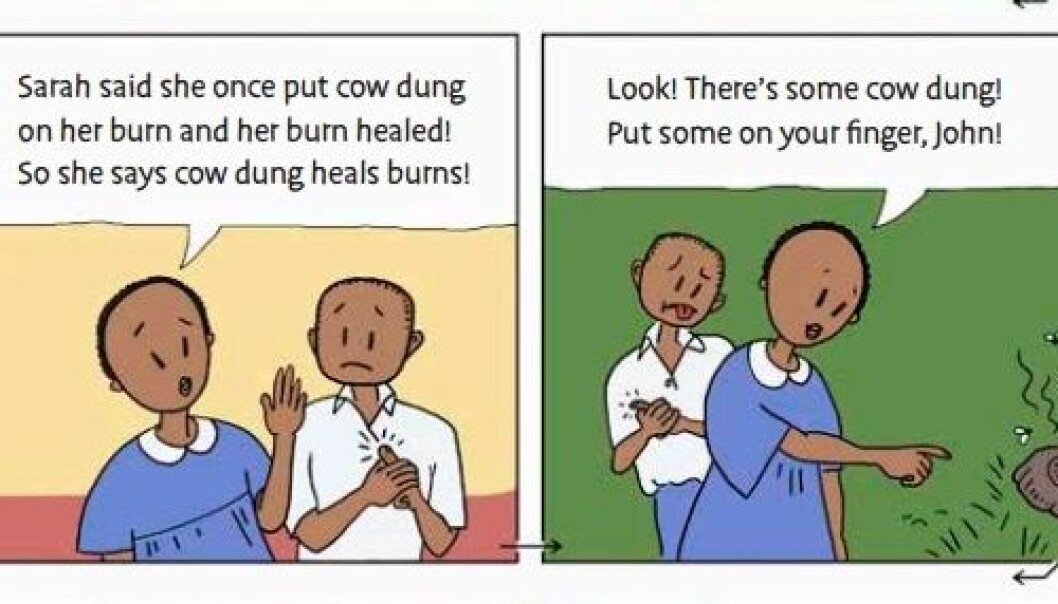 Å legge kumøkk på brannskader er et vanlig kjerringråd i Uganda. Gjennom tegneserier i en lærebok fra prosjektet Informed Health Choices lærer barna å være kritiske til slike påstander. (Illustrasjon: Informed Health Choices) Å legge kumøkk på brannskader er et vanlig kjerringråd i Uganda. Gjennom tegneserier i en lærebok fra prosjektet Informed Health Choices lærer barna å være kritiske til slike påstander. (Illustrasjon: Informed Health Choices)