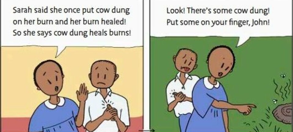 Å legge kumøkk på brannskader er et vanlig kjerringråd i Uganda. Gjennom tegneserier i en lærebok fra prosjektet Informed Health Choices lærer barna å være kritiske til slike påstander. (Illustrasjon: Informed Health Choices)